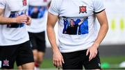 31 July 2020; Brian Gartland of Dundalk warms-up wearing a t-shirt in tribute to the late Dundalk groundsman and videographer Harry Taaffe prior to the SSE Airtricity League Premier Division match between Dundalk and St Patrick's Athletic at Oriel Park in Dundalk, Louth. The SSE Airtricity League Premier Division made its return today after 146 days in lockdown but behind closed doors due to the ongoing Coronavirus restrictions.  Photo by Piaras Ó Mídheach/Sportsfile