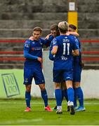 1 August 2020; John Martin of Waterford, second left, is congratulated by team-mates after scoring his side's first goal during the SSE Airtricity League Premier Division match between Shelbourne and Waterford at Tolka Park in Dublin. The SSE Airtricity League Premier Division made its return this weekend after 146 days in lockdown but behind closed doors due to the ongoing Coronavirus restrictions. Photo by Seb Daly/Sportsfile