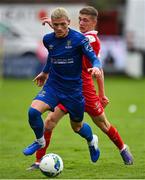 1 August 2020; Alistair Coote of Waterford in action against Alex Cetiner of Shelbourne during the SSE Airtricity League Premier Division match between Shelbourne and Waterford at Tolka Park in Dublin. The SSE Airtricity League Premier Division made its return this weekend after 146 days in lockdown but behind closed doors due to the ongoing Coronavirus restrictions. Photo by Seb Daly/Sportsfile