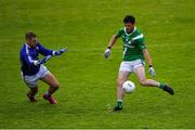 1 August 2020; Conor Bohan of Moycullen shoots to score his side's third goal past Mícheál Breathnach's goalkeeper Ronan Ó Beoláin during the Galway County Senior Football Championship Group 2 Round 1 match between Moycullen and Mícheál Breathnach's at Pearse Stadium in Galway. GAA matches continue to take place in front of a limited number of people in an effort to contain the spread of the Coronavirus (COVID-19) pandemic. Photo by Piaras Ó Mídheach/Sportsfile