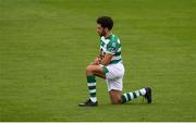 1 August 2020; Roberto Lopes of Shamrock Rovers takes a knee in support of the Black Lives Matter movement prior to the SSE Airtricity League Premier Division match between Shamrock Rovers and Finn Harps at Tallaght Stadium in Dublin. The SSE Airtricity League Premier Division made its return this weekend after 146 days in lockdown but behind closed doors due to the ongoing Coronavirus restrictions. Photo by Stephen McCarthy/Sportsfile