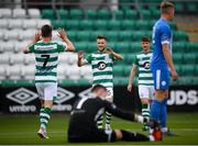 1 August 2020; Jack Byrne congratulates his Shamrock Rovers team-mate Dylan Watts, left, on scoring their second goal during the SSE Airtricity League Premier Division match between Shamrock Rovers and Finn Harps at Tallaght Stadium in Dublin. The SSE Airtricity League Premier Division made its return this weekend after 146 days in lockdown but behind closed doors due to the ongoing Coronavirus restrictions. Photo by Stephen McCarthy/Sportsfile