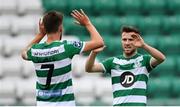 1 August 2020; Jack Byrne congratulates his Shamrock Rovers team-mate Dylan Watts, left, on scoring their second goal during the SSE Airtricity League Premier Division match between Shamrock Rovers and Finn Harps at Tallaght Stadium in Dublin. The SSE Airtricity League Premier Division made its return this weekend after 146 days in lockdown but behind closed doors due to the ongoing Coronavirus restrictions. Photo by Stephen McCarthy/Sportsfile