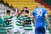 1 August 2020; Jack Byrne is congratulated by his Shamrock Rovers team-mates, including Aaron McEneff, left, after scoring their opening goal during the SSE Airtricity League Premier Division match between Shamrock Rovers and Finn Harps at Tallaght Stadium in Dublin. The SSE Airtricity League Premier Division made its return this weekend after 146 days in lockdown but behind closed doors due to the ongoing Coronavirus restrictions. Photo by Stephen McCarthy/Sportsfile