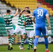 1 August 2020; Jack Byrne is congratulated by his Shamrock Rovers team-mates, including Aaron McEneff, left, after scoring their opening goal during the SSE Airtricity League Premier Division match between Shamrock Rovers and Finn Harps at Tallaght Stadium in Dublin. The SSE Airtricity League Premier Division made its return this weekend after 146 days in lockdown but behind closed doors due to the ongoing Coronavirus restrictions. Photo by Stephen McCarthy/Sportsfile