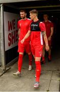 1 August 2020; Ciarán Kilduff, left, and Luke Byrne of Shelbourne make their way to the pitch to warm-up prior to the SSE Airtricity League Premier Division match between Shelbourne and Waterford at Tolka Park in Dublin. The SSE Airtricity League Premier Division made its return this weekend after 146 days in lockdown but behind closed doors due to the ongoing Coronavirus restrictions. Photo by Seb Daly/Sportsfile