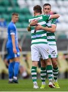 1 August 2020; Aaron McEneff is congratulated by his Shamrock Rovers team-mate Dylan Watts, left, after scoring their third goal during the SSE Airtricity League Premier Division match between Shamrock Rovers and Finn Harps at Tallaght Stadium in Dublin. The SSE Airtricity League Premier Division made its return this weekend after 146 days in lockdown but behind closed doors due to the ongoing Coronavirus restrictions. Photo by Stephen McCarthy/Sportsfile