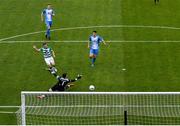 1 August 2020; Dylan Watts of Shamrock Rovers scores his side's second goal past Finn Harps goalkeeper Mark McGinley during the SSE Airtricity League Premier Division match between Shamrock Rovers and Finn Harps at Tallaght Stadium in Dublin. The SSE Airtricity League Premier Division made its return this weekend after 146 days in lockdown but behind closed doors due to the ongoing Coronavirus restrictions. Photo by Stephen McCarthy/Sportsfile