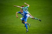 1 August 2020; Sam Todd of Finn Harps in action against Rory Gaffney of Shamrock Rovers during the SSE Airtricity League Premier Division match between Shamrock Rovers and Finn Harps at Tallaght Stadium in Dublin. The SSE Airtricity League Premier Division made its return this weekend after 146 days in lockdown but behind closed doors due to the ongoing Coronavirus restrictions. Photo by Stephen McCarthy/Sportsfile