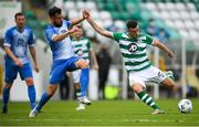 1 August 2020; Aaron Greene of Shamrock Rovers in action against David Webster of Finn Harps during the SSE Airtricity League Premier Division match between Shamrock Rovers and Finn Harps at Tallaght Stadium in Dublin. The SSE Airtricity League Premier Division made its return this weekend after 146 days in lockdown but behind closed doors due to the ongoing Coronavirus restrictions. Photo by Stephen McCarthy/Sportsfile