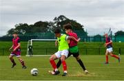 3 August 2020; Taylor Mooney, yellow, in action against Naj Razi, red, during a Republic of Ireland Under 15s Assessment Day at the FAI National Training Centre at the Sport Ireland Campus in Dublin. Photo by Ramsey Cardy/Sportsfile