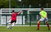 3 August 2020; Brendan McLaughlin, red, in action against Luke Kehir, yellow, during a Republic of Ireland Under 15s Assessment Day at the FAI National Training Centre at the Sport Ireland Campus in Dublin. Photo by Ramsey Cardy/Sportsfile