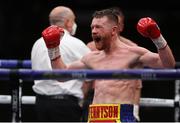 1 August 2020; James Tennyson celebrates his victory in the sixth round of the British Lightweight Title bout between James Tennyson and Gavin Gwynne at Matchroom Fight Camp in Brentwood, England. Photo by Mark Robinson/Matchroom Boxing via Sportsfile
