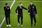 1 August 2020; Shamrock Rovers players, from left, Dean Williams, Brandon Kavanagh and Sean Callan prior to the SSE Airtricity League Premier Division match between Shamrock Rovers and Finn Harps at Tallaght Stadium in Dublin. The SSE Airtricity League Premier Division made its return this weekend after 146 days in lockdown but behind closed doors due to the ongoing Coronavirus restrictions. Photo by Stephen McCarthy/Sportsfile