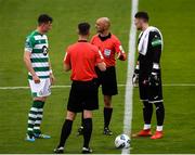 1 August 2020; Referee Neil Doyle with Finn Harps captain Mark McGinley and Shamrock Rovers captain Ronan Finn prior to the SSE Airtricity League Premier Division match between Shamrock Rovers and Finn Harps at Tallaght Stadium in Dublin. The SSE Airtricity League Premier Division made its return this weekend after 146 days in lockdown but behind closed doors due to the ongoing Coronavirus restrictions. Photo by Stephen McCarthy/Sportsfile