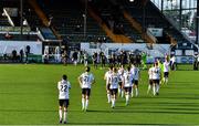 31 July 2020; Dundalk players make their way onto the pitch for the first half of the SSE Airtricity League Premier Division match between Dundalk and St Patrick's Athletic at Oriel Park in Dundalk, Louth. The SSE Airtricity League Premier Division made its return today after 146 days in lockdown but behind closed doors due to the ongoing Coronavirus restrictions. Photo by Piaras Ó Mídheach/Sportsfile