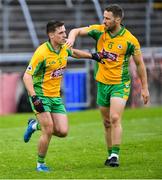 2 August 2020; Dylan Wall of Corofin, left, celebrates scoring his side's first goal with team-mate Micheál Lundy during the Galway County Senior Football Championship Group 4A Round 1 match between Corofin and Oughterard at Pearse Stadium in Galway. GAA matches continue to take place in front of a limited number of people due to the ongoing Coronavirus restrictions. Photo by Piaras Ó Mídheach/Sportsfile