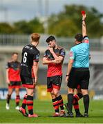 2 August 2020; Mark Hughes of Drogheda United , second left, is shown a red card by referee Adriano Reale during the SSE Airtricity League First Division match between Shamrock Rovers II and Drogheda United at Tallaght Stadium in Dublin. The SSE Airtricity League made its return this weekend after 146 days in lockdown but behind closed doors due to the ongoing Coronavirus restrictions. Photo by Seb Daly/Sportsfile