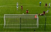 2 August 2020; Dean Williams of Shamrock Rovers II, right, sees his shot rebound off the crossbar during the SSE Airtricity League First Division match between Shamrock Rovers II and Drogheda United at Tallaght Stadium in Dublin. The SSE Airtricity League made its return this weekend after 146 days in lockdown but behind closed doors due to the ongoing Coronavirus restrictions. Photo by Seb Daly/Sportsfile