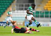 2 August 2020; Thomas Oluwa of Shamrock Rovers II is tackled by Hugh Douglas of Drogheda United during the SSE Airtricity League First Division match between Shamrock Rovers II and Drogheda United at Tallaght Stadium in Dublin. The SSE Airtricity League made its return this weekend after 146 days in lockdown but behind closed doors due to the ongoing Coronavirus restrictions. Photo by Seb Daly/Sportsfile