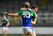 2 August 2020; Barry Coffey of Sarsfields and Eoin O'Donoghue of Johnstownbridge tussle off the ball during the Kildare Senior Football Championship Group C Round 1 match between Sarsfields and Johnstownbridge at St. Conleth’s Park in Newbridge, Kildare. GAA matches continue to take place in front of a limited number of people due to the ongoing Coronavirus restrictions. Photo by Brendan Moran/Sportsfile