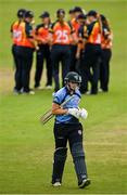 3 August 2020; Rebecca Stokell of Typhoons leaves the field after being stumped out by Scorchers wicket-keeper Shauna Kavanagh during the Women's Super Series match between Typhoons and Scorchers at Oak Hill Cricket Ground in Kilbride, Wicklow. Photo by Seb Daly/Sportsfile