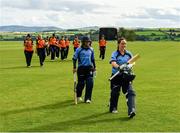 3 August 2020; Typhoons batters Laura Delany, right, and Amy Hunter leave the field following their side's victory during the Women's Super Series match between Typhoons and Scorchers at Oak Hill Cricket Ground in Kilbride, Wicklow. Photo by Seb Daly/Sportsfile