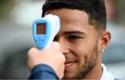 3 August 2020; David Titov of St Patrick's Athletic has his temperature taken on arrival at Richmond Park prior to the SSE Airtricity League Premier Division match between St Patrick's Athletic and Derry City at Richmond Park in Dublin. Photo by Stephen McCarthy/Sportsfile