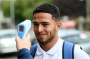 3 August 2020; David Titov of St Patrick's Athletic has his temperature taken on arrival at Richmond Park prior to the SSE Airtricity League Premier Division match between St Patrick's Athletic and Derry City at Richmond Park in Dublin. Photo by Stephen McCarthy/Sportsfile