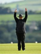 3 August 2020; Umpire Steve Wood signals a six during the Women's Super Series match between Typhoons and Scorchers at Oak Hill Cricket Ground in Kilbride, Wicklow. Photo by Seb Daly/Sportsfile