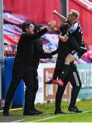 3 August 2020; Conor McCormack of Derry City celebrates with coach Kevin Deery and manager Declan Devine, left, after scoring his side's second goal during the SSE Airtricity League Premier Division match between St Patrick's Athletic and Derry City at Richmond Park in Dublin. Photo by Stephen McCarthy/Sportsfile