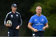 4 August 2020; Senior coach Stuart Lancaster, right, and head coach Leo Cullen during Leinster Rugby squad training at UCD in Dublin. Professional rugby continues its return in a phased manner, having been suspended since March due to the ongoing Coronavirus restrictions. Having had zero positive results from the latest round of PCR testing, the Leinster Rugby players and staff have been cleared to enter the next phase of their return to rugby today which includes a graduated return to contact training. Photo by Ramsey Cardy/Sportsfile