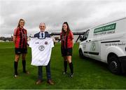 4 August 2020; Bohemian FC will for the first time compete at senior level in the Women's National League in 2020. This season the first team's kit will display the logo of Inner City Helping Homeless to help raise awareness for the local voluntary charity group that feeds the homeless of Dublin City and assists in their efforts to find shelter. At the launch in Dalymount Park is Gerry Carney, Inner City Helping Homeless, with Bohemians players and sisters Chloe, left, and Jessica Darby. Photo by Stephen McCarthy/Sportsfile