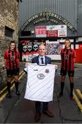 4 August 2020; Bohemian FC will for the first time compete at senior level in the Women's National League in 2020. This season the first team's kit will display the logo of Inner City Helping Homeless to help raise awareness for the local voluntary charity group that feeds the homeless of Dublin City and assists in their efforts to find shelter. At the launch in Dalymount Park is Gerry Carney, Inner City Helping Homeless, with Bohemians players and sisters Jessica, left, and Chloe Darby. Photo by Stephen McCarthy/Sportsfile