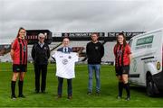 4 August 2020; Bohemian FC will for the first time compete at senior level in the Women's National League in 2020. This season the first team's kit will display the logo of Inner City Helping Homeless to help raise awareness for the local voluntary charity group that feeds the homeless of Dublin City and assists in their efforts to find shelter. At the launch in Dalymount Park is Gerry Carney, Inner City Helping Homeless, and Chris Brien, Bohemian FC President, left, and Daniel Lambert, Bohemian FC Marketing & Commercial Director, right, with Bohemians players and sisters Chloe, left, and Jessica Darby. Photo by Stephen McCarthy/Sportsfile