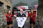 4 August 2020; Bohemian FC will for the first time compete at senior level in the Women's National League in 2020. This season the first team's kit will display the logo of Inner City Helping Homeless to help raise awareness for the local voluntary charity group that feeds the homeless of Dublin City and assists in their efforts to find shelter. At the launch in Dalymount Park is Chris Brien, Bohemian FC President, with Bohemians players and sisters Jessica, left, and Chloe Darby. Photo by Stephen McCarthy/Sportsfile