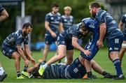 4 August 2020; Players, from left, Jamison Gibson-Park, Rory O'Loughlin and Michael Bent during Leinster Rugby squad training at UCD in Dublin. Professional rugby continues its return in a phased manner, having been suspended since March due to the ongoing Coronavirus restrictions. Having had zero positive results from the latest round of PCR testing, the Leinster Rugby players and staff have been cleared to enter the next phase of their return to rugby today which includes a graduated return to contact training. Photo by Ramsey Cardy/Sportsfile