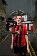 4 August 2020; Bohemian FC will for the first time compete at senior level in the Women's National League in 2020. This season the first team's kit will display the logo of Inner City Helping Homeless to help raise awareness for the local voluntary charity group that feeds the homeless of Dublin City and assists in their efforts to find shelter. At the launch in Dalymount Park is Bohemians player Jessica Darby. Photo by Stephen McCarthy/Sportsfile