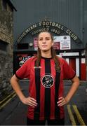 4 August 2020; Bohemian FC will for the first time compete at senior level in the Women's National League in 2020. This season the first team's kit will display the logo of Inner City Helping Homeless to help raise awareness for the local voluntary charity group that feeds the homeless of Dublin City and assists in their efforts to find shelter. At the launch in Dalymount Park is Bohemians player Chloe Darby. Photo by Stephen McCarthy/Sportsfile