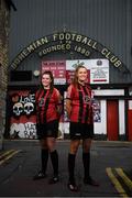 4 August 2020; Bohemian FC will for the first time compete at senior level in the Women's National League in 2020. This season the first team's kit will display the logo of Inner City Helping Homeless to help raise awareness for the local voluntary charity group that feeds the homeless of Dublin City and assists in their efforts to find shelter. At the launch in Dalymount Park are Bohemians players and sisters sisters Jessica, left, and Chloe Darby. Photo by Stephen McCarthy/Sportsfile