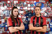 4 August 2020; Bohemian FC will for the first time compete at senior level in the Women's National League in 2020. This season the first team's kit will display the logo of Inner City Helping Homeless to help raise awareness for the local voluntary charity group that feeds the homeless of Dublin City and assists in their efforts to find shelter. At the Dalymount Park launch are Bohemians players and sisters Jessica, left, and Chloe Darby. Photo by Stephen McCarthy/Sportsfile