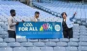 5 August 2020; On the 23rd September, the GAA invites all clubs to open their doors to the wider community and support it's first GAA National Inclusive Fitness Day. The event falls during the European Week of Sport and aims to promote sport and physical activity to everyone regardless of age, ability, ethnicity, nationality or fitness level. In attendance at the announcement of the GAA's first National Inclusive Fitness Day at Croke Park in Dublin are, from left, GAA Ambassadors Boidu Sayeh of Westmeath and Zak Moradi of Leitrim with Anne Rabbitte T.D., Minister of State Department of Children, Disability, Equality and Integration with responsibility for Disability. Photo by Brendan Moran/Sportsfile