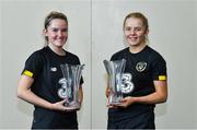 4 August 2020; U15's award winner Jessie Stapleton, left, and U16's award winner Kerryann Brown with their awards during the 3 FAI International Awards Underage Winner presentation at Woodlands Hotel in Waterford. Photo by Piaras Ó Mídheach/Sportsfile