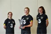 4 August 2020; U16's award winner Kerryann Brown alongside nominees Aoife Horgn, left, and Ellen Molloy during the 3 FAI International Awards Underage Winner presentation at Woodlands Hotel in Waterford. Photo by Piaras Ó Mídheach/Sportsfile