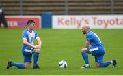 4 August 2020; Karl O'Sullivan, left, and Mark Coyle of Finn Harps takes a knee in supports of the Black Lives Matter movement ahead of the SSE Airtricity League Premier Division match between Finn Harps and Shelbourne at Finn Park in Ballybofey, Donegal. Photo by Harry Murphy/Sportsfile