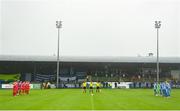 4 August 2020; Players of both sides observe a minutes silence in tribute to the late Derry native John Hume, key architect of the Good Friday Agreement and co-recipient of the 1998 Nobel Peace Prize, ahead of the SSE Airtricity League Premier Division match between Finn Harps and Shelbourne at Finn Park in Ballybofey, Donegal. Photo by Harry Murphy/Sportsfile