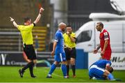 4 August 2020; Karl Sheppard of Shelbourne receives a red card from referee Damien MacGraith during the SSE Airtricity League Premier Division match between Finn Harps and Shelbourne at Finn Park in Ballybofey, Donegal. Photo by Harry Murphy/Sportsfile