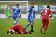 4 August 2020; Gareth Harkin of Finn Harps argues with Aidan Friel of Shelbourne following a tackle during the SSE Airtricity League Premier Division match between Finn Harps and Shelbourne at Finn Park in Ballybofey, Donegal. Photo by Harry Murphy/Sportsfile