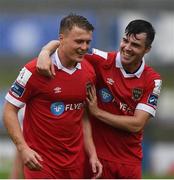 4 August 2020; Daniel O’Reilly, left, and Alex O’Hanlon of Shelbourne celebrate following the SSE Airtricity League Premier Division match between Finn Harps and Shelbourne at Finn Park in Ballybofey, Donegal. Photo by Harry Murphy/Sportsfile
