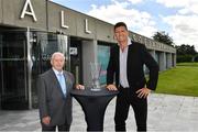 6 August 2020; The former player, referee and Republic of Ireland kit manager Charlie O'Leary has been announced as the 21st recipient of the Special Merit Award award, pictured with Niall Quinn, FAI Deputy Interim CEO, during the 3 FAI International Awards presentation at the FAI Headquarters in Abbotstown, Dublin. Photo by Ray McManus/Sportsfile